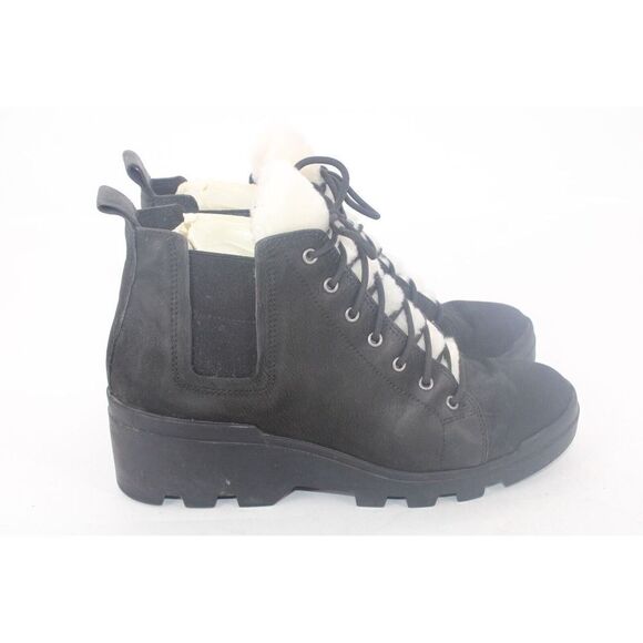 Eileen Fisher Calm Hiker Shearling Trim Bootie Black Suede Wedge Size 8 - Picture 6 of 11